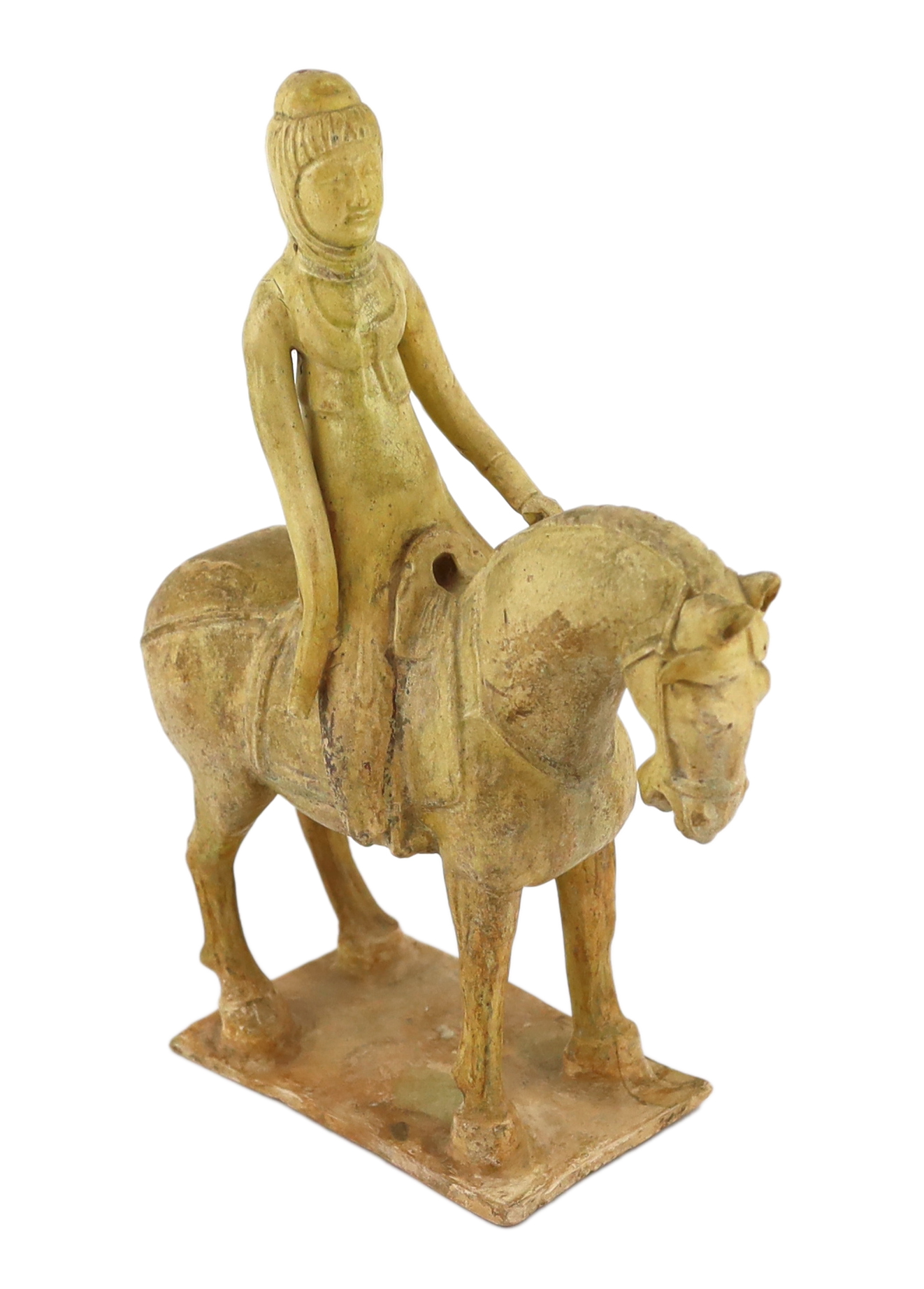 A Chinese straw glazed pottery model of a horse and female rider, Tang dynasty (618-906 AD)